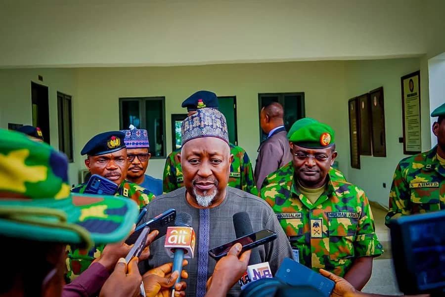 Defence Minister Badaru addressing pressmen