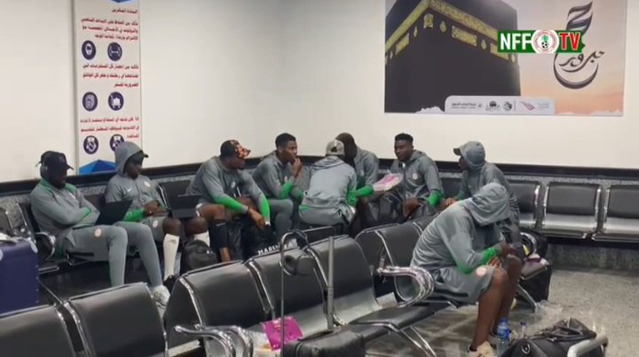 Some frustrated Super Eagles players sitting at the lounge of the Al-Abaq Airport, where they are being held hostage by Libyan authorities.(Photo Credit: NFF)